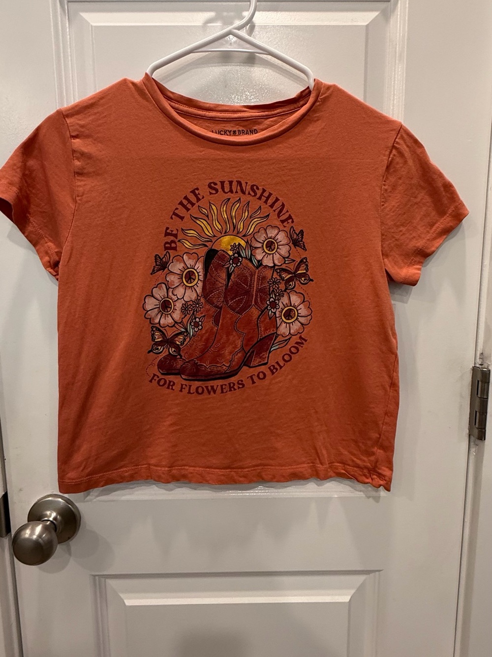 Lucky Brand Orange Graphic Crop Tee with Floral Cowboy Boot Art
